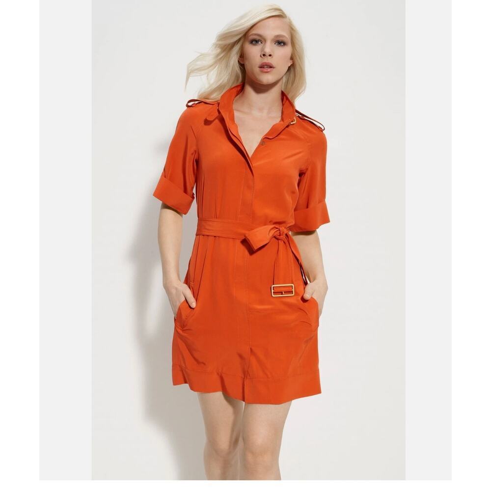 Diane Von Furstenberg Jafartha Orange 100% silk Shirt Dress Mini Size 4